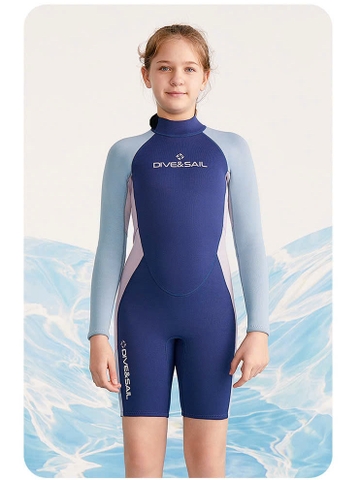 Bộ bơi giữ nhiệt bé gái, liền dài tay, xanh than tay xám, vải dày 2.5mm, Dive & Sail