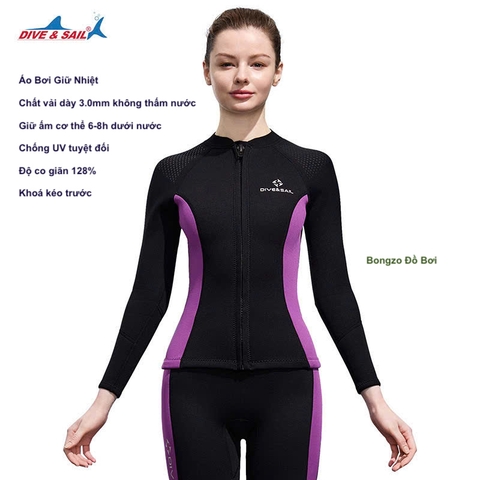 Áo bơi giữ nhiệt nữ, màu đen tím, vải dày 3.0mm, Dive & Sail