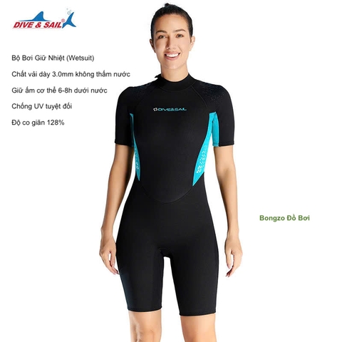 Bộ bơi giữ nhiệt nữ cộc tay, màu xanh đen, vải dày 3.0mm, Dive Sail