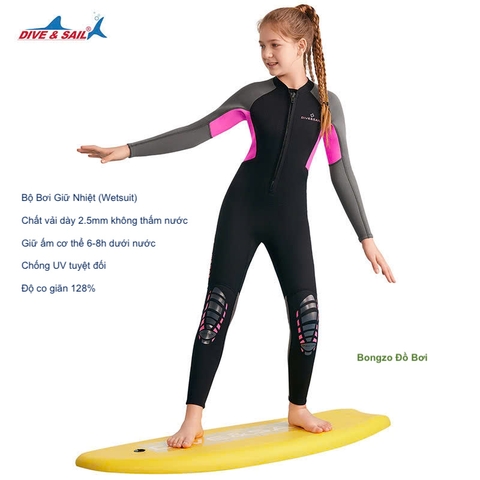 Bộ bơi giữ nhiệt bé gái dài tay, đen tay xám, vải dày 2.5mm, Dive & Sail