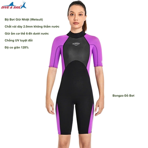 Bộ bơi giữ nhiệt nữ, dáng cộc liền, màu tím đen, vải dày 2.0mm, Dive Sail