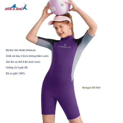 Bộ bơi giữ nhiệt bé gái, cộc tay, màu tím, vải dày 2.5mm, Dive & Sail