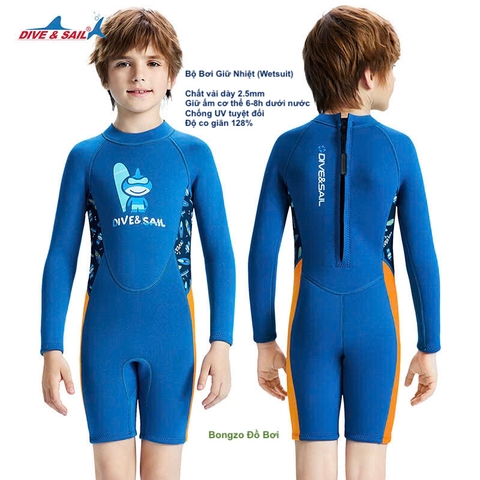 Bộ bơi giữ nhiệt bé trai, dài tay, màu xanh, siêu nhân, vải dày 2.5mm, Dive & Sail
