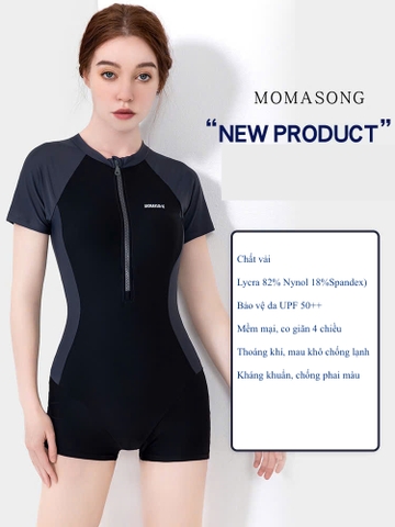 Bộ bơi nữ cộc tay, màu đen xám, dáng liền, vải UPF50+ Momasong