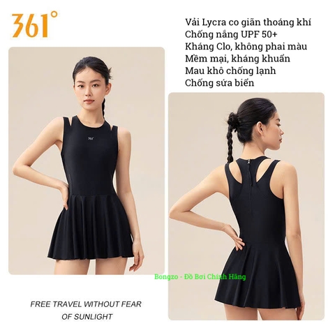 Bộ bơi 361 nữ, mẫu mới dáng liền, thon gọn tôn dáng, màu đen, liền chân váy