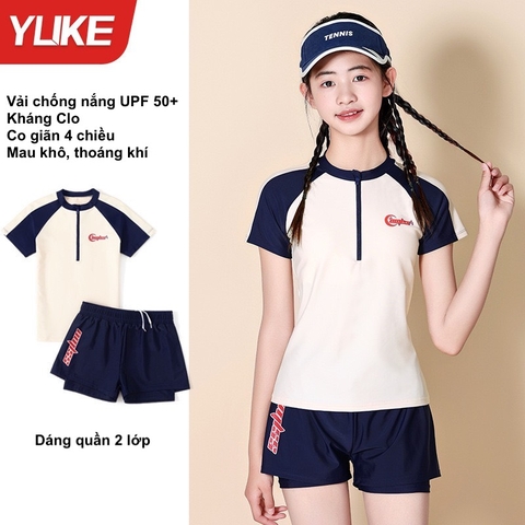 Bộ bơi bé gái cộc tay, màu trắng đen, vải cao cấp chống nắng UPF 50+, YUKE