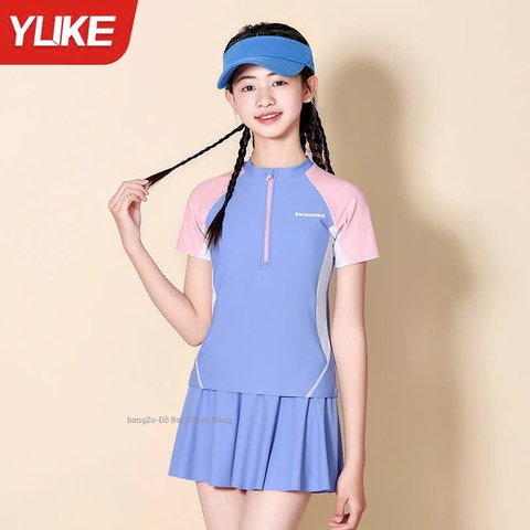Bộ bơi cộc tay chống nắng, kháng Clo, xanh hồng chân váy rời Yuke, UPF 50+