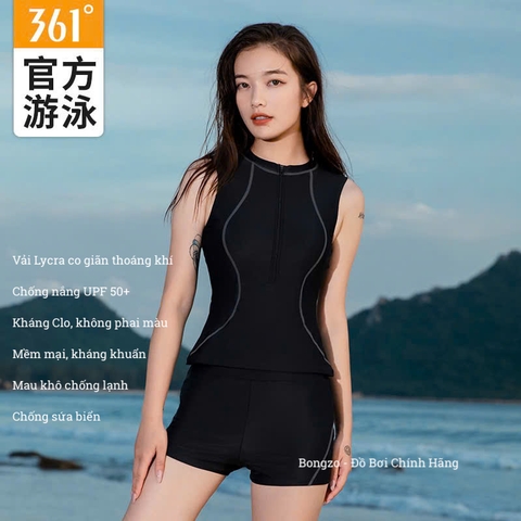 Bộ bơi nữ tay ngắn, màu đen, dáng rời, mẫu mới 2026, che khuyết điểm vòng bụng, 361