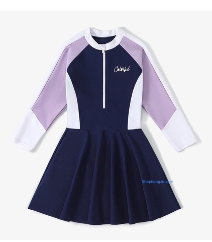 Bộ bơi bé gái dài liền chân váy, than tím, Color, vải cao cấp chống nắng