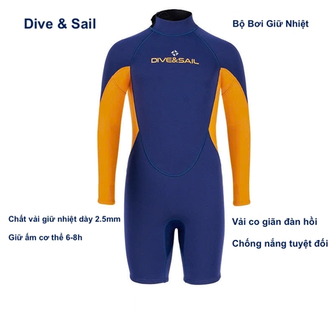Bộ bơi giữ nhiệt vải dày, dài tay dáng liền, màu xanh than, tay cam, Dive & Sail