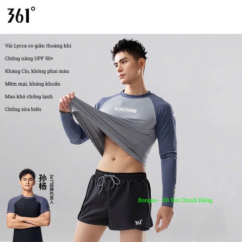 Bộ bơi nam 361, dài tay chống nắng UPF 50+, kháng Clo, Racing, màu xám