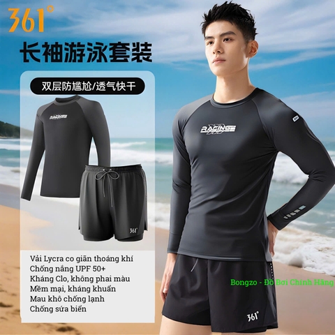 Bộ bơi nam 361, dài tay chống nắng UPF 50+, kháng Clo, Racing, màu đen