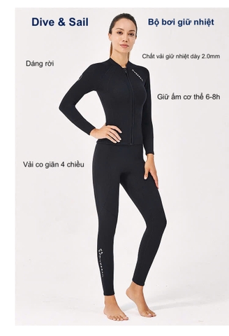 Bộ bơi nữ giữ nhiệt, chống lạnh cơ thể, vải 2mm, màu đen dáng rời Dive & Sail