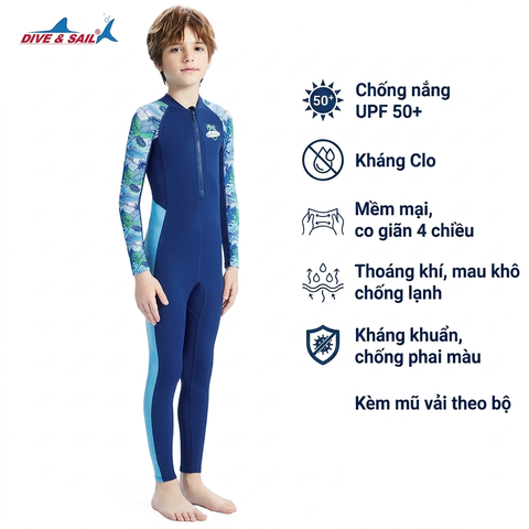 Bộ bơi trẻ em dài tay dáng liền màu xanh vải cao cấp Kháng Clo Chống Nắng UPF 50++ Dive & Sail