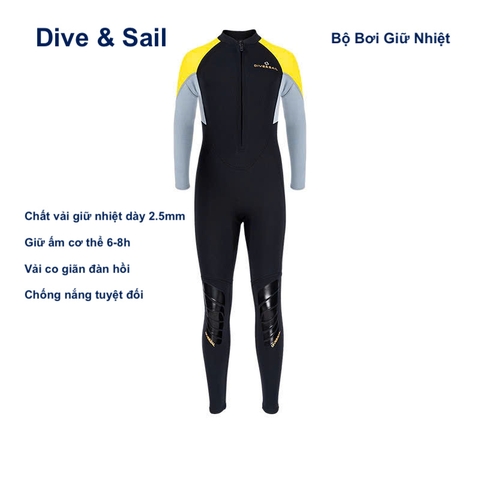 Bộ bơi giữ nhiệt dài liền, đen vàng, vải giữ nhiệt dày 2.5mm, Dive & Sail
