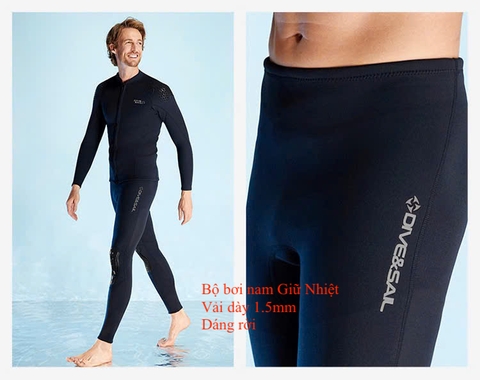 Bộ bơi giữ nhiệt nam, dài tay dáng rời, màu đen, vải dày 1.5mm Dive Sail