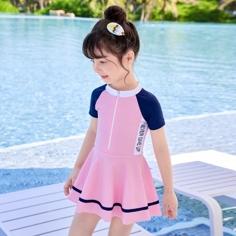 Bộ bơi bé gái cộc liền chân váy, hồng tay than 32626Y