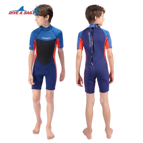 Bộ bơi giữ nhiệt cho bé, cộc tay, đen xanh cam, vải dày 2.5mm, DiveSail