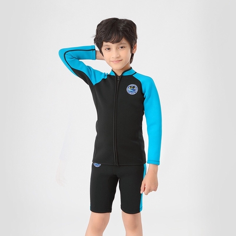 Bộ bơi giữ nhiệt bé trai đen xanh, vải dày 2mm, dáng rời, quần ngắn, Sabolay NTQ201