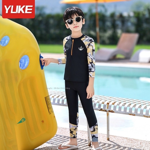 Bộ bơi cho bé vải chống nắng UPF 50+ kháng Clo, dài tay chân màu đen Space YUKE