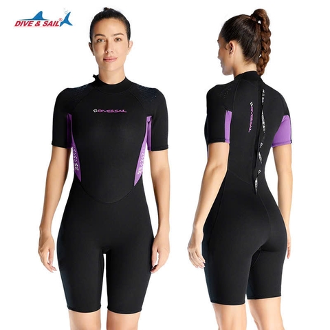 Bộ bơi giữ nhiệt nữ cộc tay, đen tím, vải dày 1.5mm, DiveSail