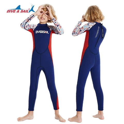 Bộ bơi giữ nhiệt dài tay, xanh than trắng mỏ neo, vải dày 2.5mm DiveSail