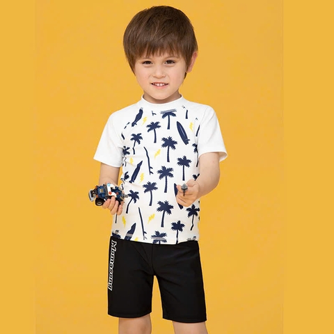 Bộ bơi cộc tay màu trắng, hình dừa, vải UPF50+ Momasong