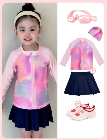 Bộ bơi bé gái màu hồng, dài tay kéo khoá, chân váy, vải UPF 50++, Momasong(Korea)