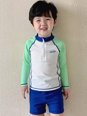 Bộ bơi bé trai dài tay, trắng tay xanh, vải chống nắng chống clo, Momasong(Korea)