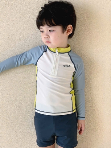 Bộ bơi bé trai dài tay, trắng tay xám, vải chống nắng UPF50+, Momasong(Korea)