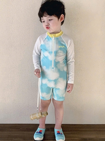 Bộ bơi dài tay dáng liền, màu xanh trắng, chống nắng UPF 50++ chống Clo, Momasong(Korea)