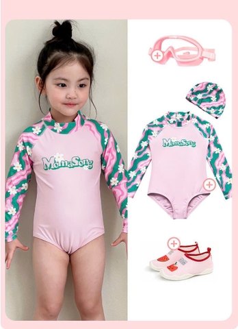 Bộ bơi bé gái hồng tay xanh, vải chống nắng chống Clo, dài tay, Momasong(Korea)