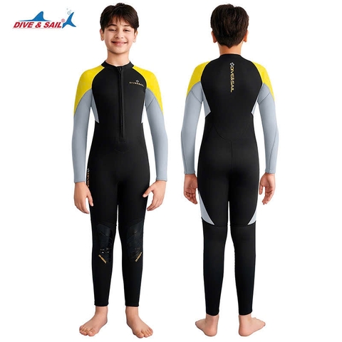 Bộ bơi giữ nhiệt dài liền, đen vàng, vải giữ nhiệt dày 2.5mm, Dive & Sail