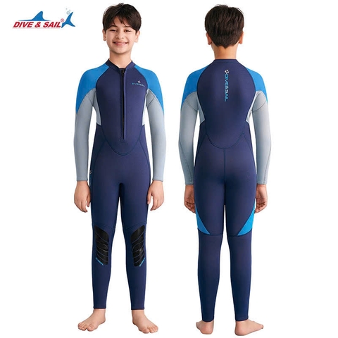 Bộ bơi giữ nhiệt dài liền, xanh than tay xám, vải dày 2.5mm, Dive & Sail