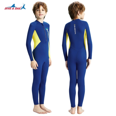 Bộ bơi chống nắng bé trai, dáng dài liền, xanh than vàng, vải kháng Clo, Dive&Sail