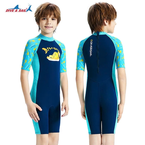 Bộ bơi cho bé chống nắng UPF 50+, kháng Clo, xanh than cộc tay vịt vàng Dive&Sail