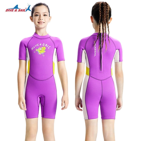 Bộ bơi giữ nhiệt cộc tay, màu tím, hình vịt, vải dày 2.5mm Dive & Sail