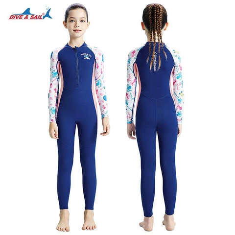Bộ bơi bé gái, vải chống nắng UPF 50+, kháng Clo, dáng dài liền, màu than tay trắng, Dive&Sail