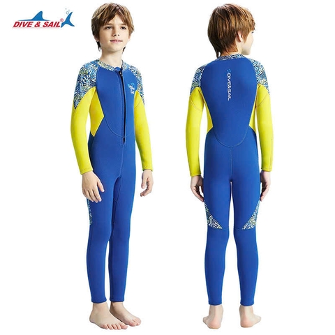 Bộ bơi giữ nhiệt bé trai, dài tay màu xanh vàng, vải dày 2.5mm, Dive Sail