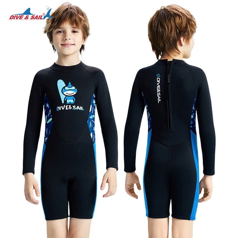 Bộ bơi giữ nhiệt trẻ em, dài tay, màu đen, vải dày 2.5mm, Dive & Sail