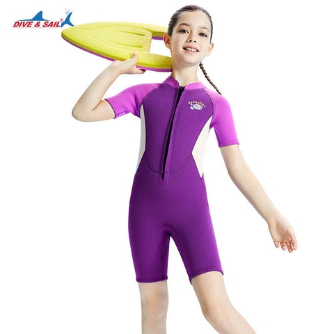 Bộ bơi giữ nhiệt bé gái, cộc tay, màu tím hồng, vải dày 2.5mm, Dive Sail