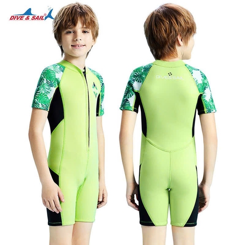 Bộ bơi giữ nhiệt trẻ em, cộc tay, xanh lá, vải dày 2.5mm Dive & Sail