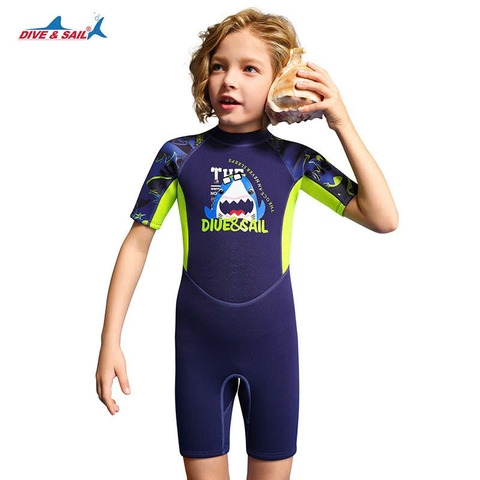 Bộ bơi giữ nhiệt trẻ em, xanh than cá mập, cộc tay, vải dày 2.5mm Dive & Sail