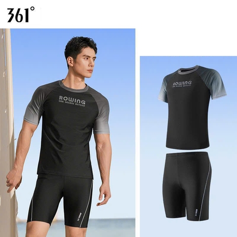 Bộ bơi nam 361 cộc tay, kiểu dáng thời trang, chống nắng UPF 50+, Rowing, màu đen