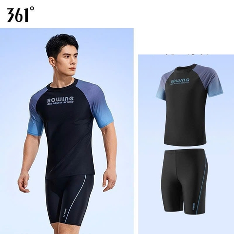 Bộ bơi nam 361 cộc tay, kiểu dáng thời trang, chống nắng UPF 50+, Rowing, xanh đen
