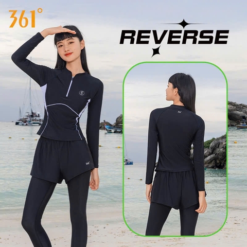 Bộ bơi nữ 361, dài tay chân, chống nắng UPF 50+, màu đen, quần liền 2 lớp