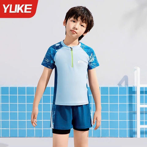 Bộ bơi bé trai chống nắng UPF 50+, kháng Clo, xanh cộc tay big size, Yuke