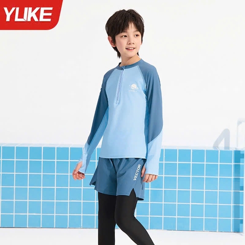 Bộ bơi bé trai dài tay chống nắng UPF 50+, kháng Clo, xanh dáng rời quần 2 lớp Yuke