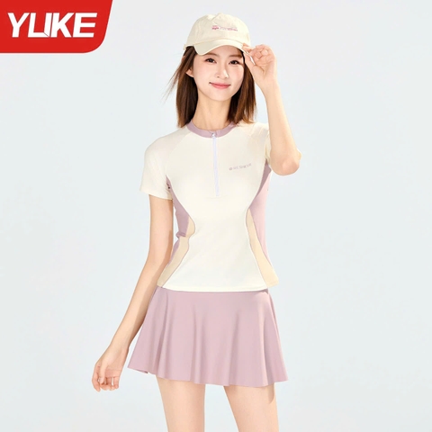 Bộ bơi nữ cộc tay tím trắng Yuke chống nắng UPF50+ chân váy tôn dáng co giãn