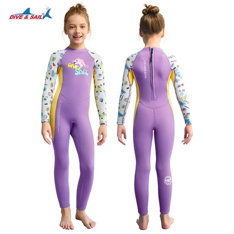 Bộ bơi giữ nhiệt bé gái dài tay liền thân màu tím hình cá vải 2.5mm Dive& Sail